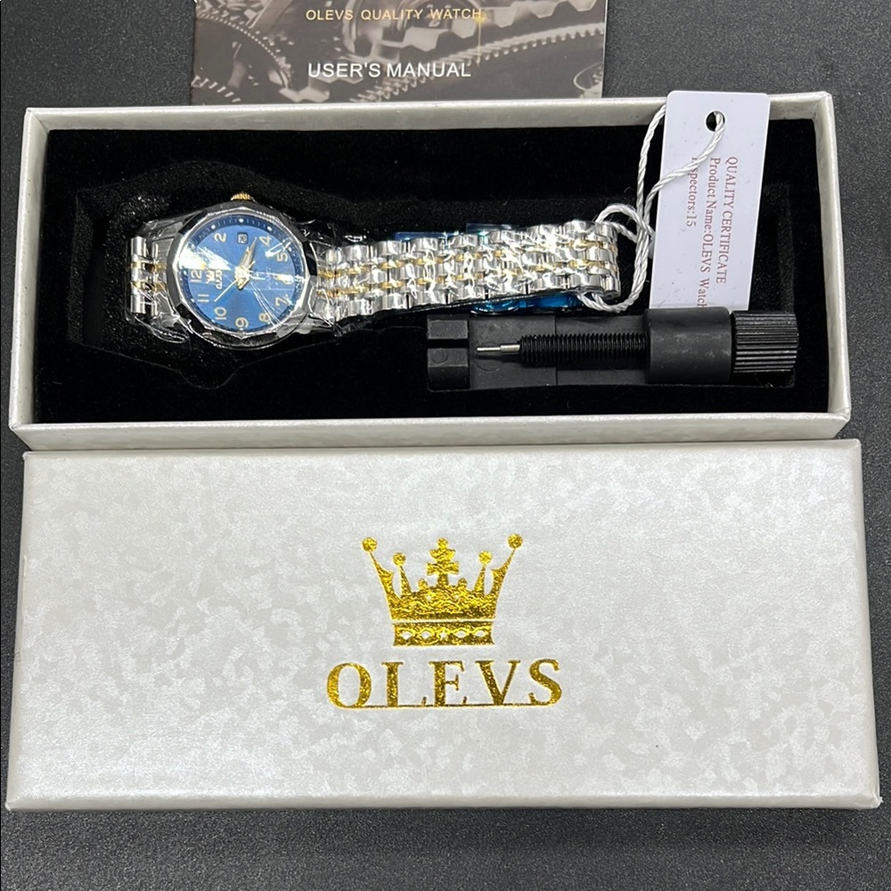 NEW Olevs Stainless Steel and Gold Tone Wristband Watch with Blue Dial